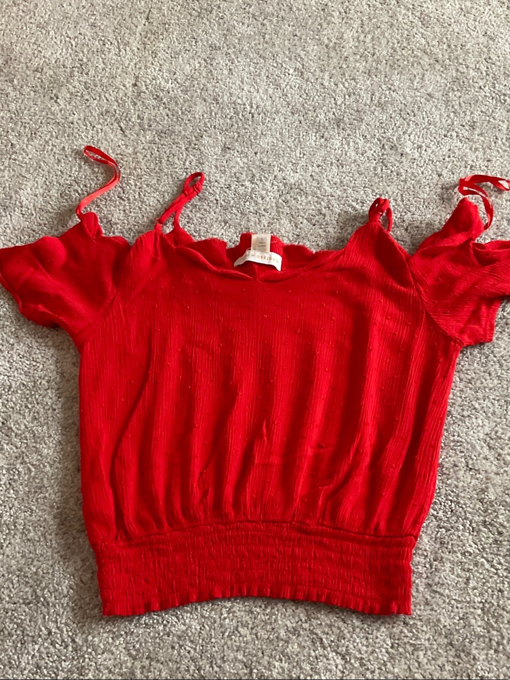 Monteau Bright Red Ribbed Off-Shoulder Crop Top with Tie Straps